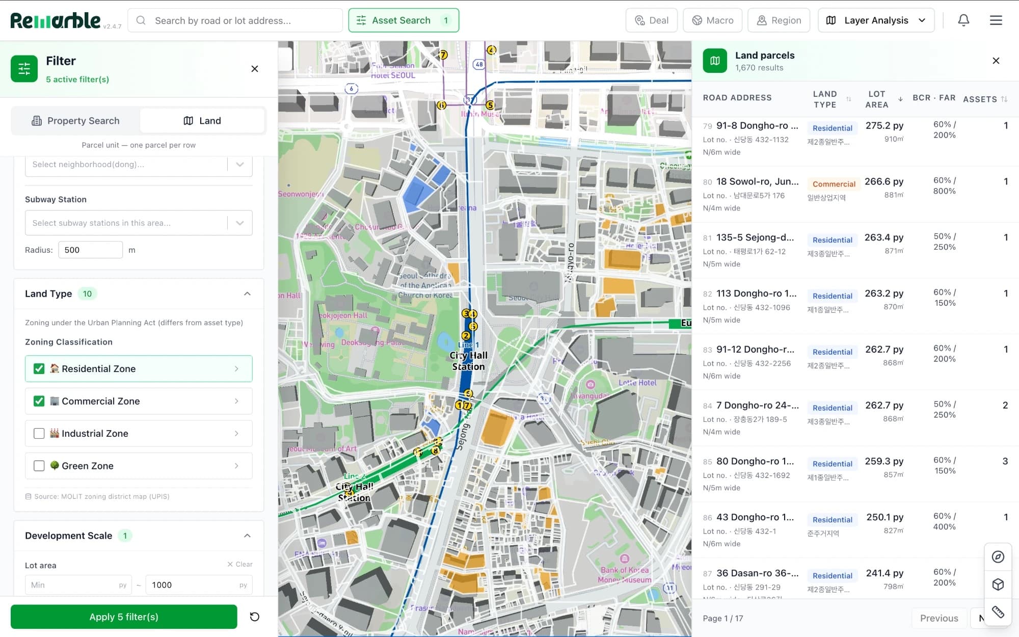 Remarble Earth asset search on land: a filter panel with five active filters — residential and commercial zoning, lot area up to 1,000 py, a subway-station radius — beside a map of central Seoul with the matching parcels highlighted and a list of 1,670 parcels giving road address, zoning, lot area, BCR and FAR, and the assets already on each.