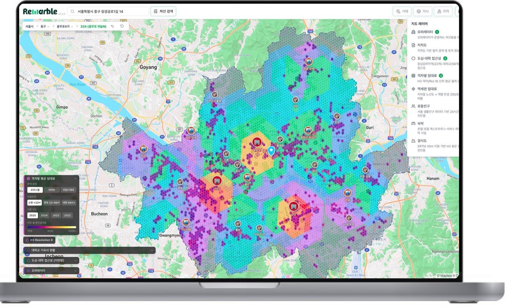 Remarble Earth city view: Greater Seoul covered in an H3 hexagon grid coloured by average monthly rent, with operator assets, transit and accessibility layers toggled in a side panel.